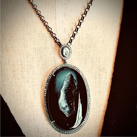 ♥️  Black Druzy Agate Pavé Diamonds White Topaz pendant necklace - Picture 6 of 14